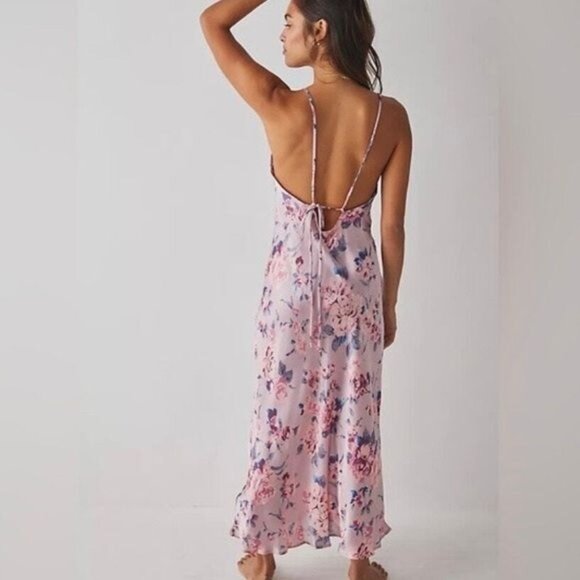 Intimately Free People Satin Slip Dress –Size Small | Pink Floral Open Back Maxi - Picture 1 of 6
